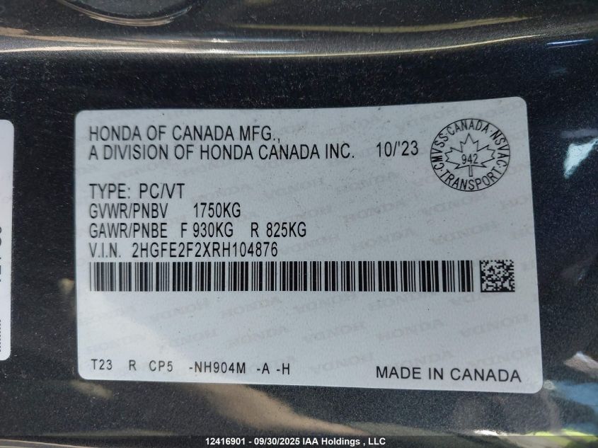 2024 Honda Civic VIN: 2HGFE2F2XRH104876 Lot: 12416901