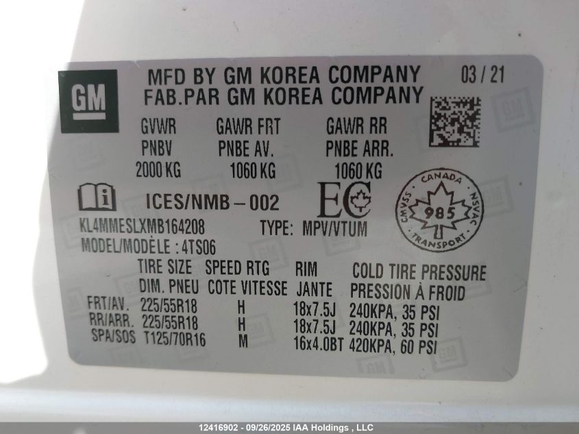 2021 Buick Encore Gx Awd Select VIN: KL4MMESLXMB164208 Lot: 12416902