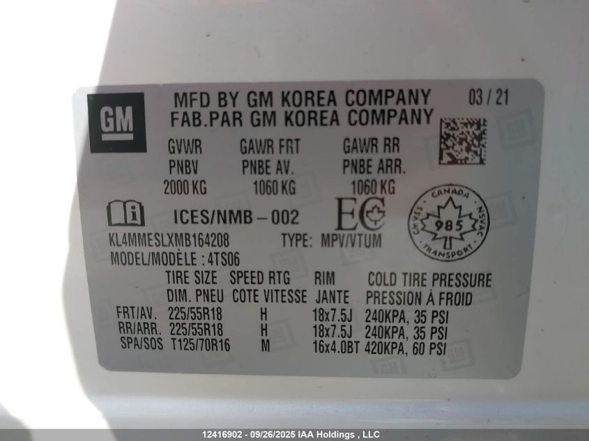 2021 Buick Encore Gx Awd Select VIN: KL4MMESLXMB164208 Lot: 12416902