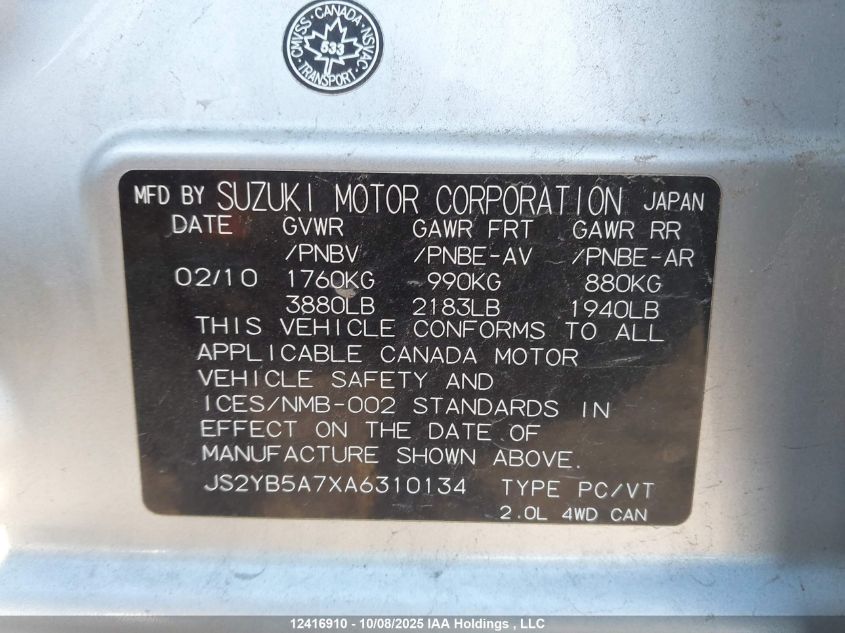 2010 Suzuki Sx4 Touring VIN: JS2YB5A7XA6310134 Lot: 12416910