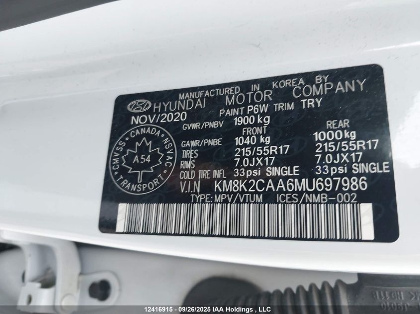 2021 Hyundai Kona Sel VIN: KM8K2CAA6MU697986 Lot: 12416915