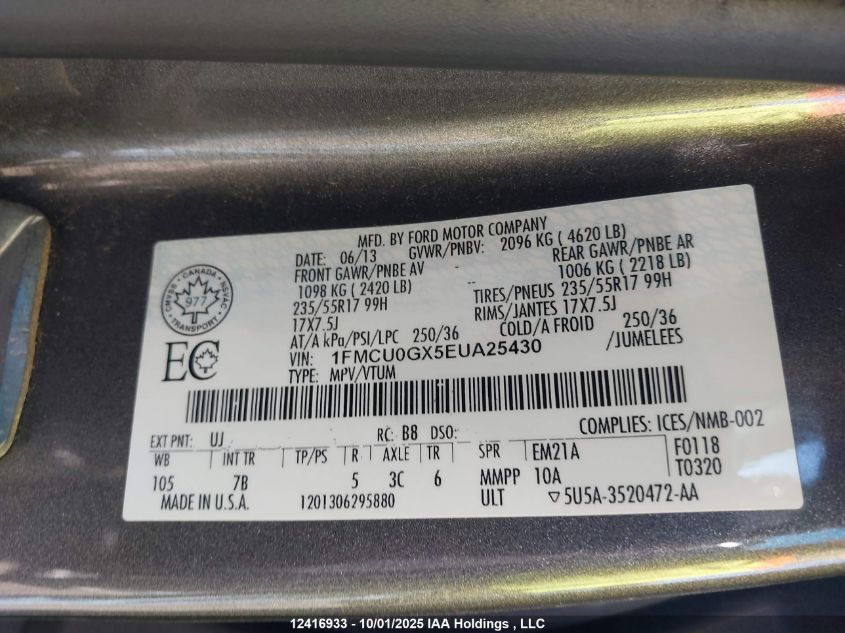 2014 Ford Escape Se VIN: 1FMCU0GX5EUA25430 Lot: 12416933