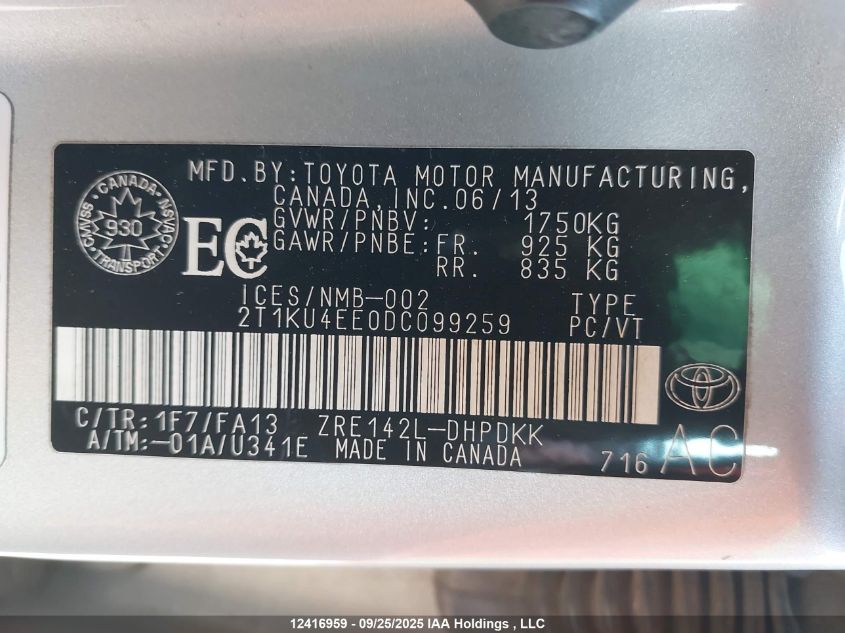 2013 Toyota Matrix Wagon VIN: 2T1KU4EE0DC099259 Lot: 12416959