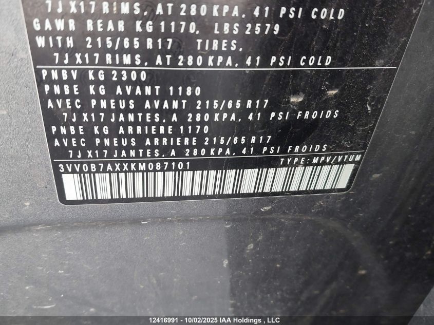 2019 Volkswagen Tiguan VIN: 3VV0B7AXXKM087101 Lot: 12416991