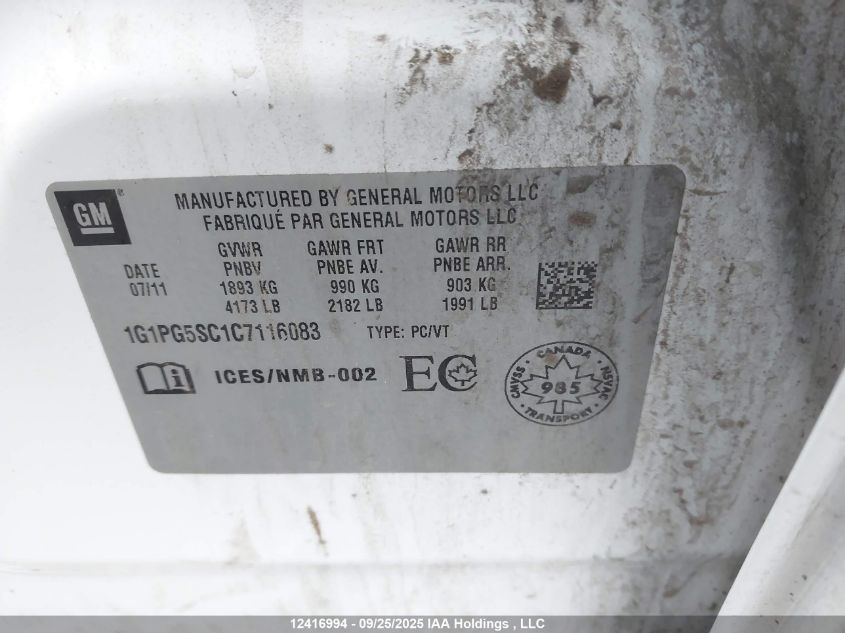 2012 Chevrolet Cruze VIN: 1G1PG5SC1C7116083 Lot: 12416994