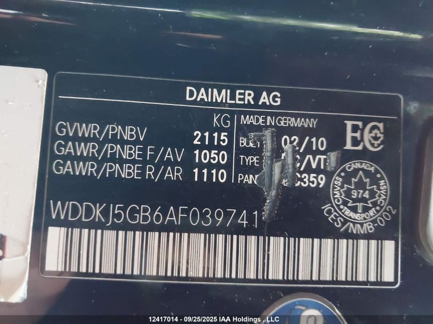 2010 Mercedes-Benz E 350 VIN: WDDKJ5GB6AF039741 Lot: 12417014