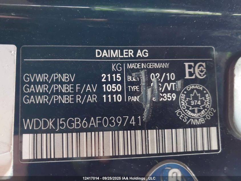 2010 Mercedes-Benz E 350 VIN: WDDKJ5GB6AF039741 Lot: 12417014