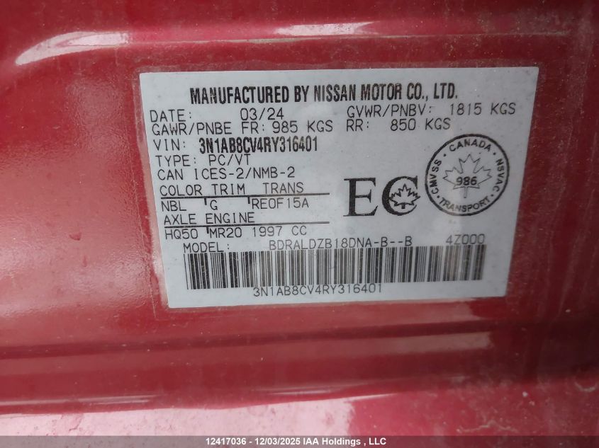 2024 Nissan Sentra VIN: 3N1AB8CV4RY316401 Lot: 12417036