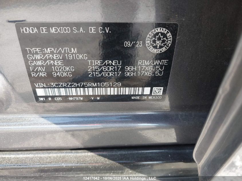 2024 Honda Hr-V Ex-L Navi VIN: 3CZRZ2H75RM105129 Lot: 12417042