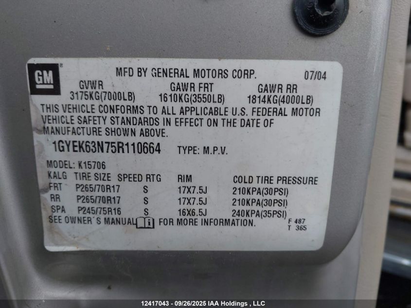 2005 Cadillac Escalade Standard VIN: 1GYEK63N75R110664 Lot: 12417043