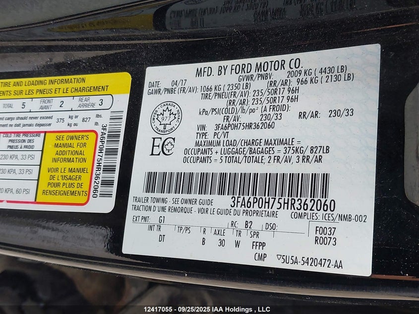3FA6P0H75HR362060 2017 FORD FUSION photo no. 9
