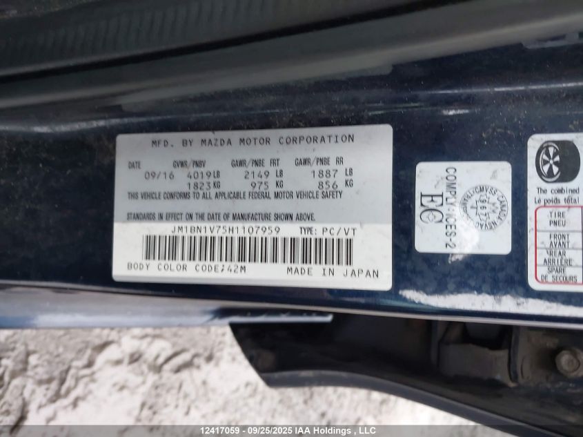 2017 Mazda 3 Touring VIN: JM1BN1V75H1107959 Lot: 12417059