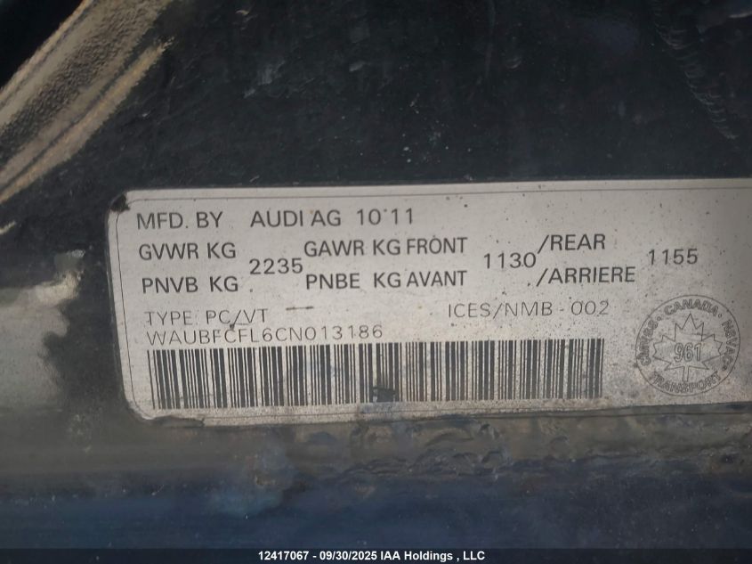 2012 Audi A4 VIN: WAUBFCFL6CN013186 Lot: 12417067