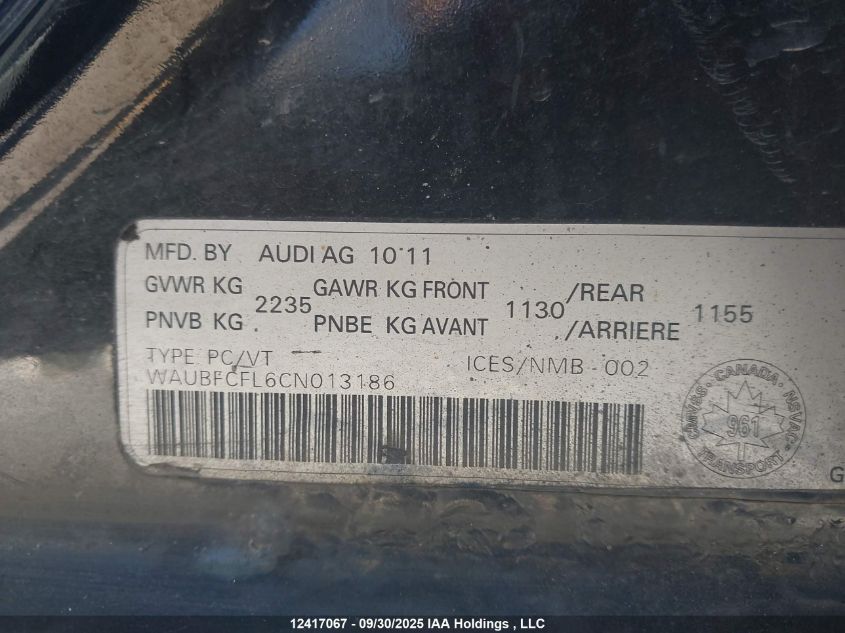 2012 Audi A4 VIN: WAUBFCFL6CN013186 Lot: 12417067