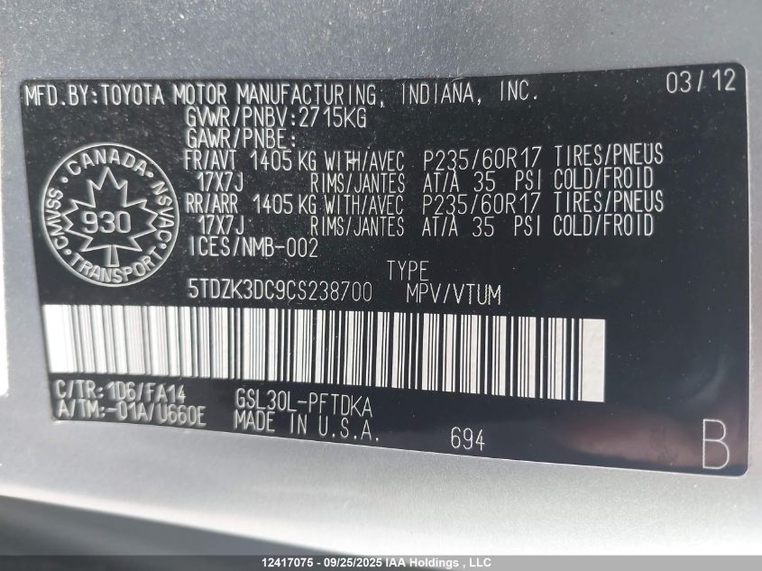 2012 Toyota Sienna VIN: 5TDZK3DC9CS238700 Lot: 12417075