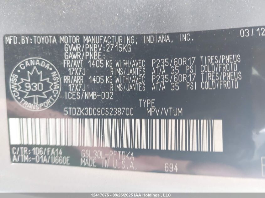 2012 Toyota Sienna VIN: 5TDZK3DC9CS238700 Lot: 12417075