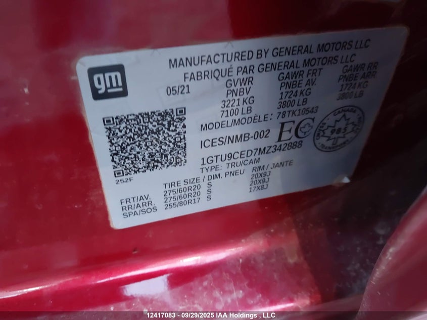 1GTU9CED7MZ342888 2021 GMC SIERRA photo no. 9