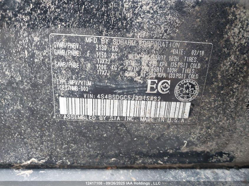 2018 Subaru Outback 2.5I Premium VIN: 4S4BSDGC5J3315432 Lot: 12417108