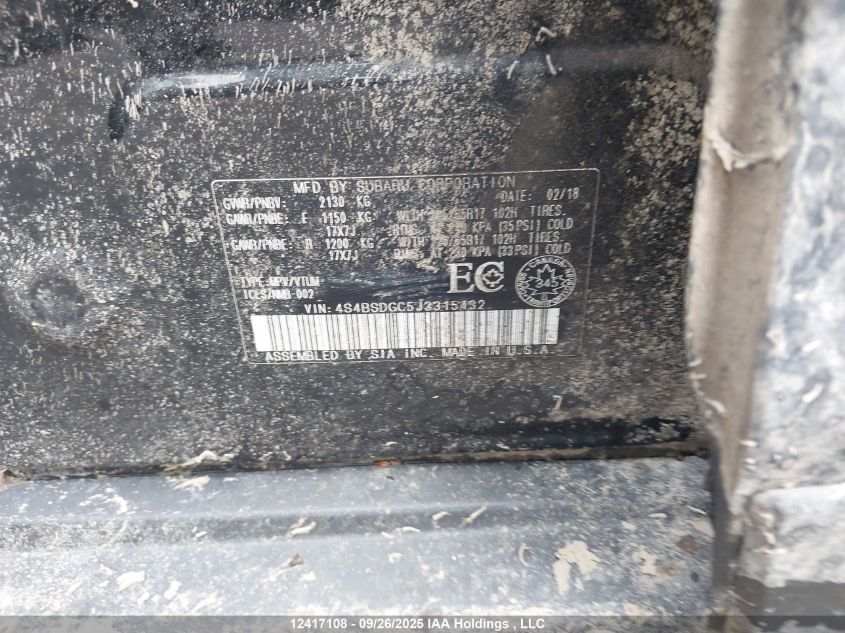 2018 Subaru Outback 2.5I Premium VIN: 4S4BSDGC5J3315432 Lot: 12417108