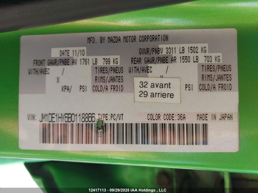 2011 Mazda Mazda2 VIN: JM1DE1HY6B0118866 Lot: 12417113