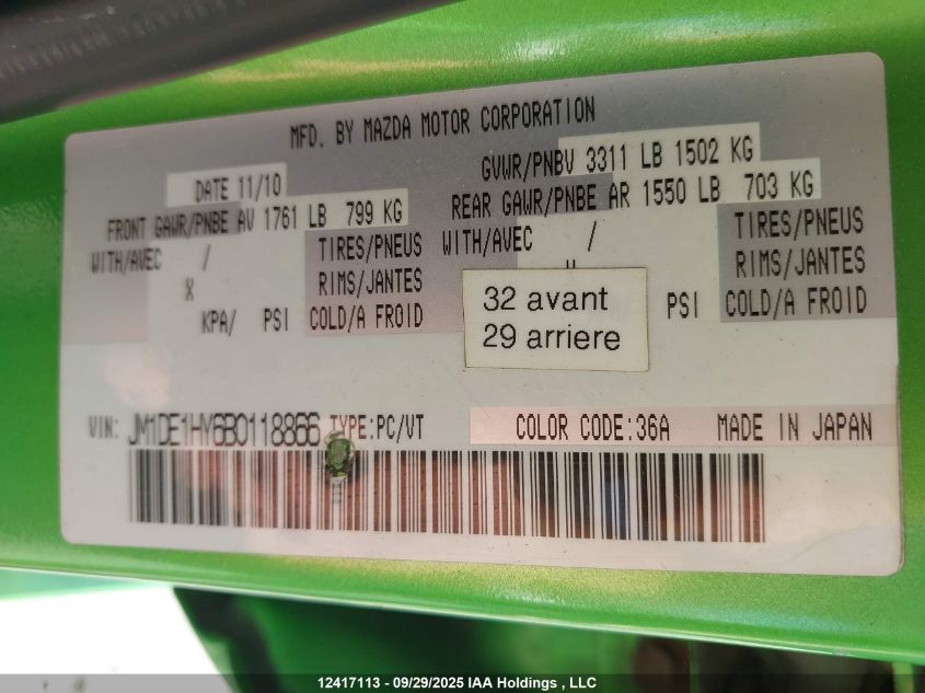 2011 Mazda Mazda2 VIN: JM1DE1HY6B0118866 Lot: 12417113