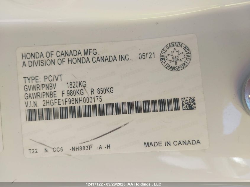 2022 Honda Civic VIN: 2HGFE1F96NH000175 Lot: 12417122