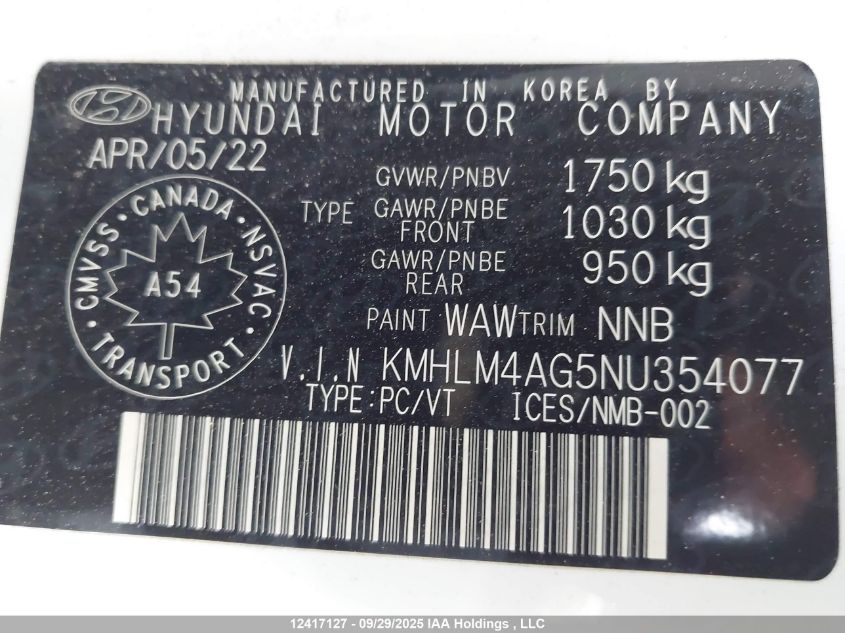 2022 Hyundai Elantra Sel VIN: KMHLM4AG5NU354077 Lot: 12417127