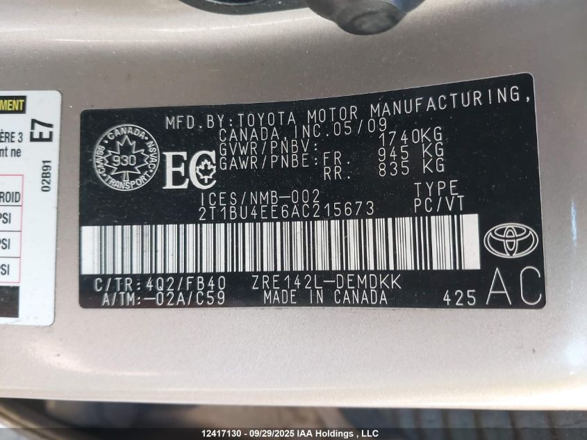 2010 Toyota Corolla VIN: 2T1BU4EE6AC215673 Lot: 12417130