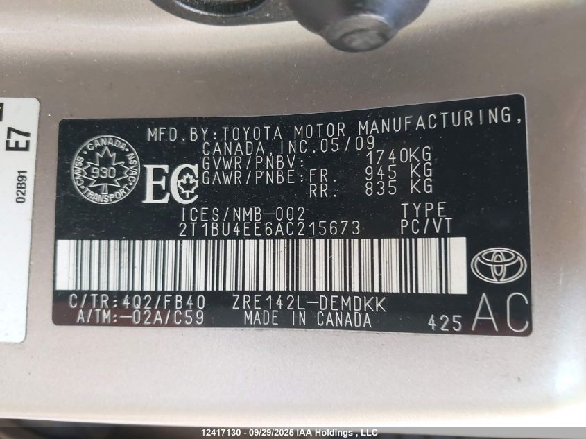 2010 Toyota Corolla VIN: 2T1BU4EE6AC215673 Lot: 12417130