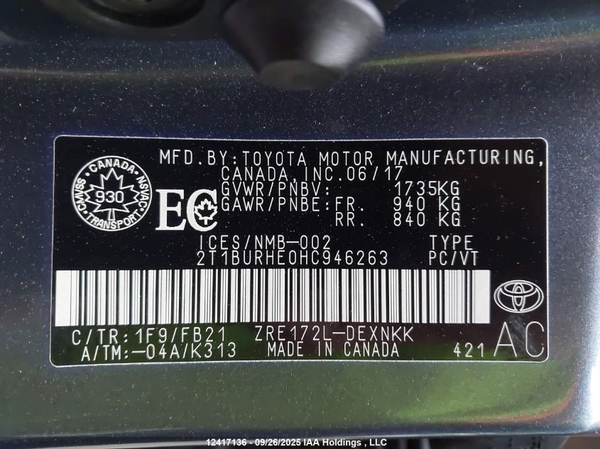2017 Toyota Corolla VIN: 2T1BURHE0HC946263 Lot: 12417136