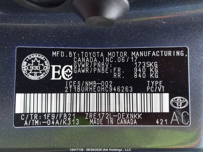 2017 Toyota Corolla VIN: 2T1BURHE0HC946263 Lot: 12417136