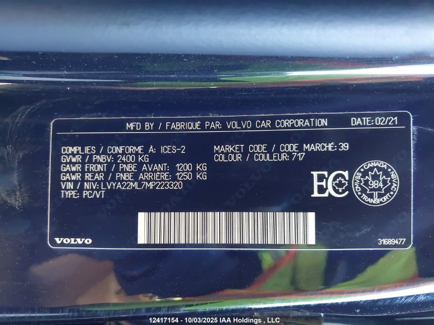 2021 Volvo S90 T6 Inscription VIN: LVYA22ML7MP223320 Lot: 12417154