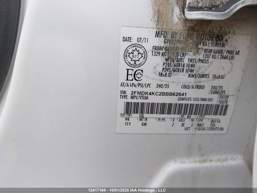 2011 Ford Edge VIN: 2FMDK4KC2BBB62641 Lot: 12417164