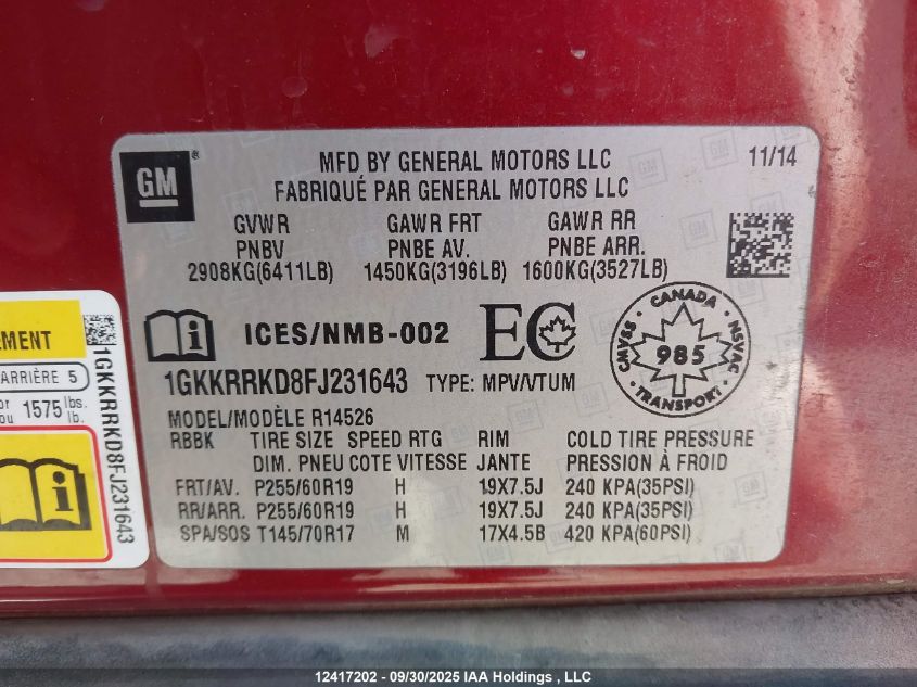 2015 GMC Acadia Slt-1 VIN: 1GKKRRKD8FJ231643 Lot: 12417202