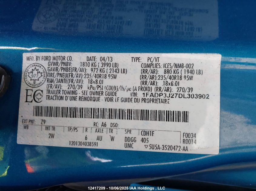 2013 Ford Focus Titanium VIN: 1FADP3J27DL303902 Lot: 12417209