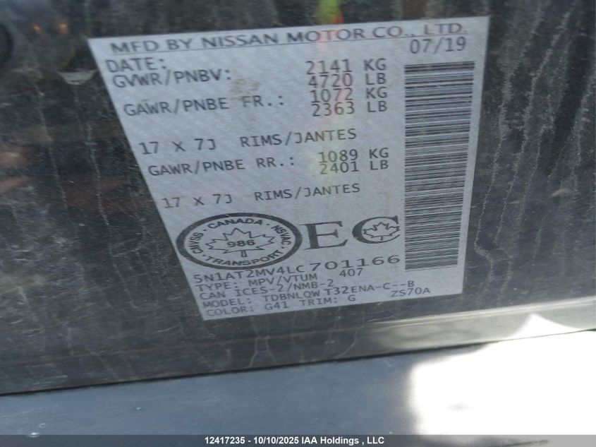 2020 Nissan Rogue VIN: 5N1AT2MV4LC701166 Lot: 12417235