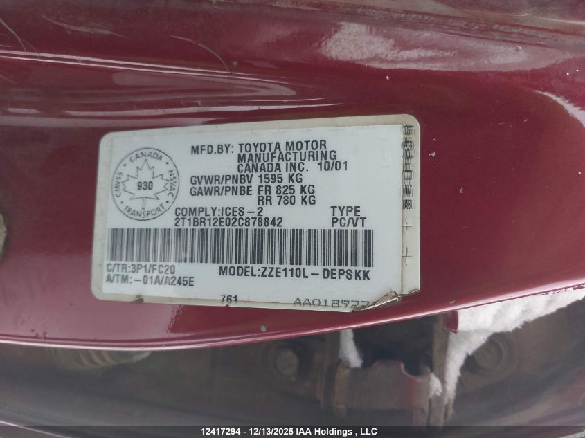 2002 Toyota Corolla VIN: 2T1BR12E02C878842 Lot: 12417294