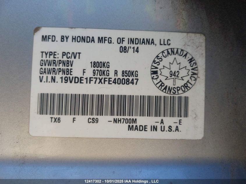 2015 Acura Ilx 20 Tech VIN: 19VDE1F7XFE400847 Lot: 12417302