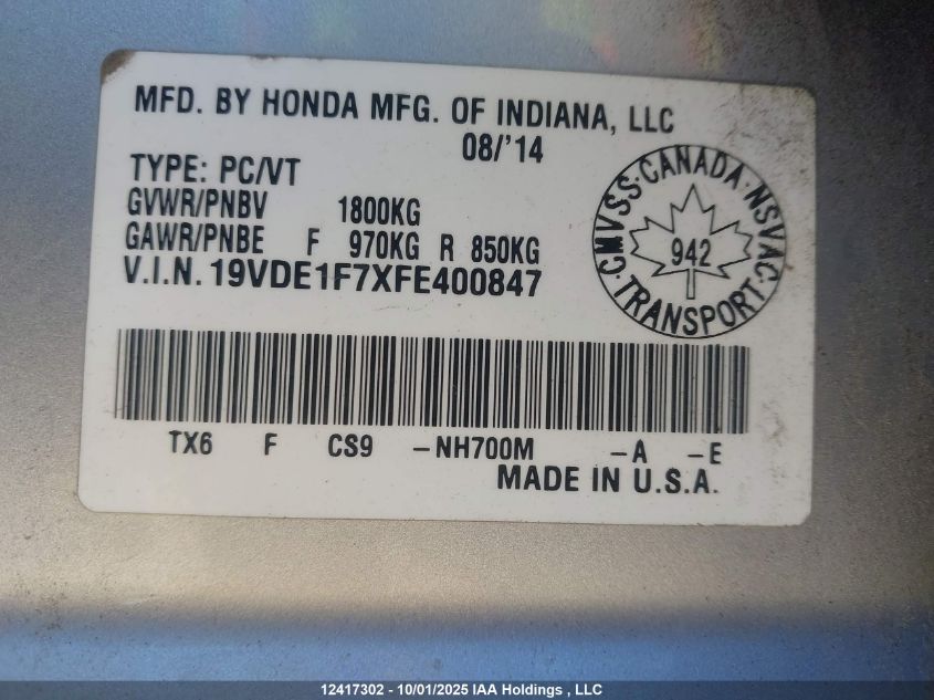 2015 Acura Ilx 20 Tech VIN: 19VDE1F7XFE400847 Lot: 12417302