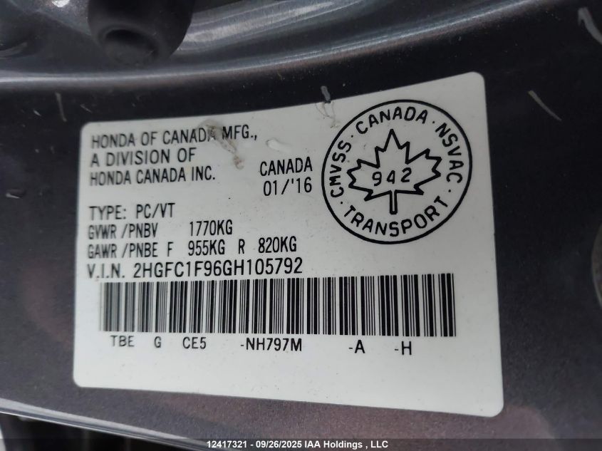 2016 Honda Civic Touring VIN: 2HGFC1F96GH105792 Lot: 12417321