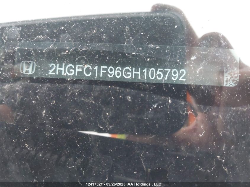 2016 Honda Civic Touring VIN: 2HGFC1F96GH105792 Lot: 12417321