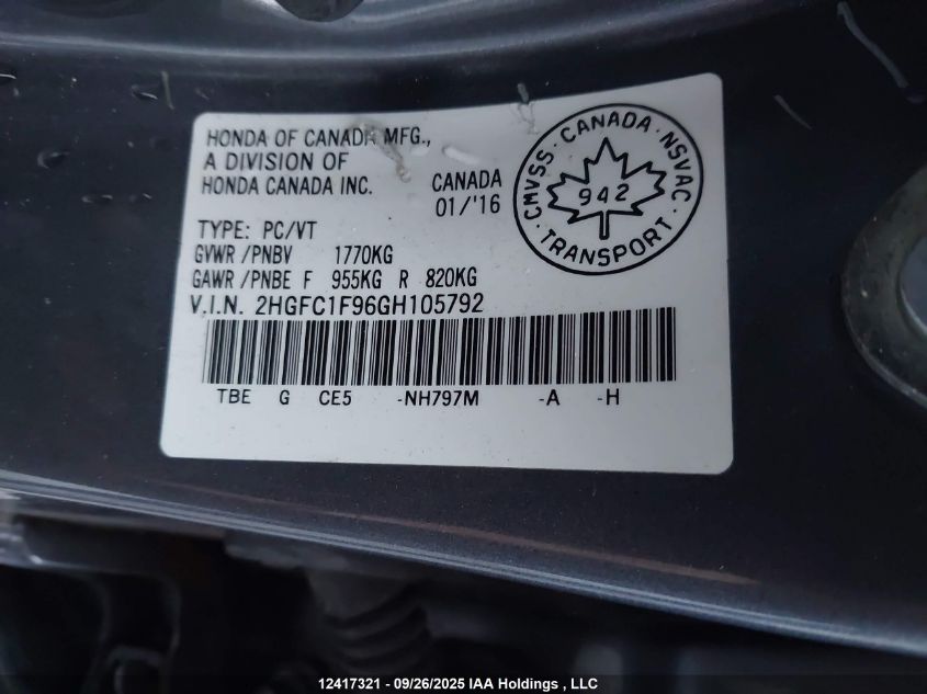 2016 Honda Civic Touring VIN: 2HGFC1F96GH105792 Lot: 12417321