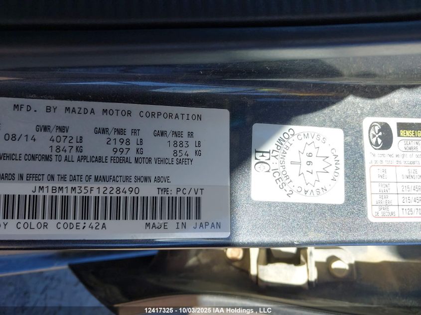 2015 Mazda 3 Grand Touring VIN: JM1BM1M35F1228490 Lot: 12417325