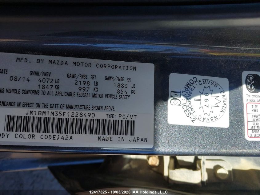 2015 Mazda 3 Grand Touring VIN: JM1BM1M35F1228490 Lot: 12417325