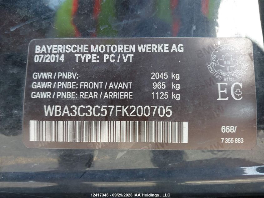 2015 BMW 320I xDrive VIN: WBA3C3C57FK200705 Lot: 12417345