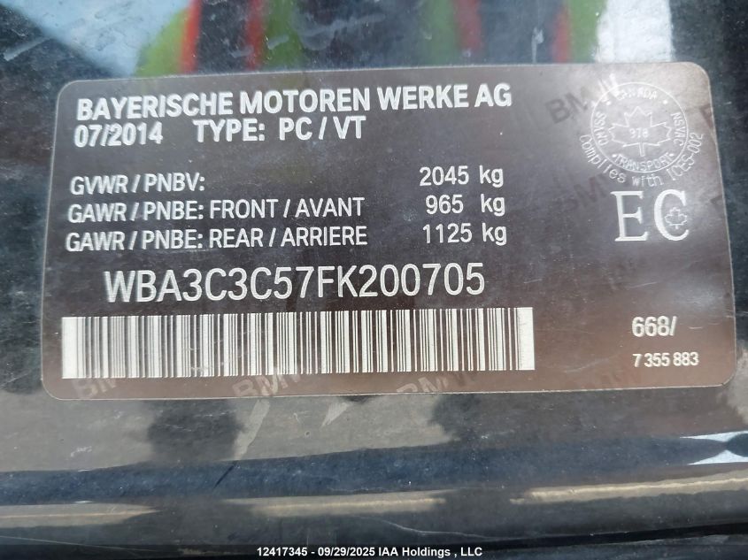 2015 BMW 320I xDrive VIN: WBA3C3C57FK200705 Lot: 12417345