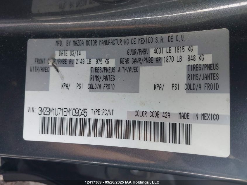 2014 Mazda 3 Sport VIN: 3MZBM1U71EM109045 Lot: 12417369