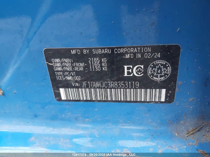 2024 Subaru Impreza VIN: JF1GUHJC3R8353119 Lot: 12417374