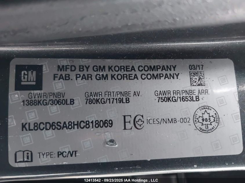 2017 Chevrolet Spark VIN: KL8CD6SA8HC818069 Lot: 12413542X