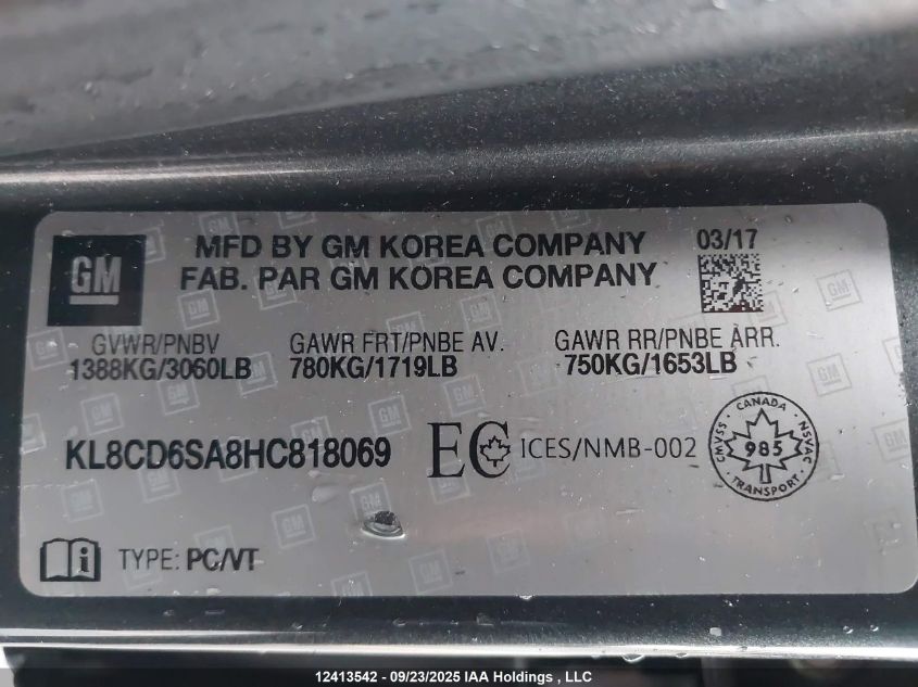 2017 Chevrolet Spark VIN: KL8CD6SA8HC818069 Lot: 12413542X